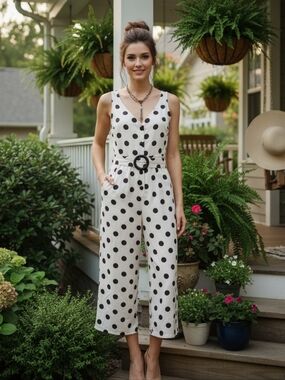 Monteau Los Angeles Cream Linen‑Blend Brown Polka Dot Romper – Size Small